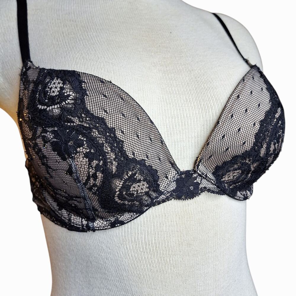 Victoria secret 34C very sexy Lace push up bra black/nude rhinestones bling